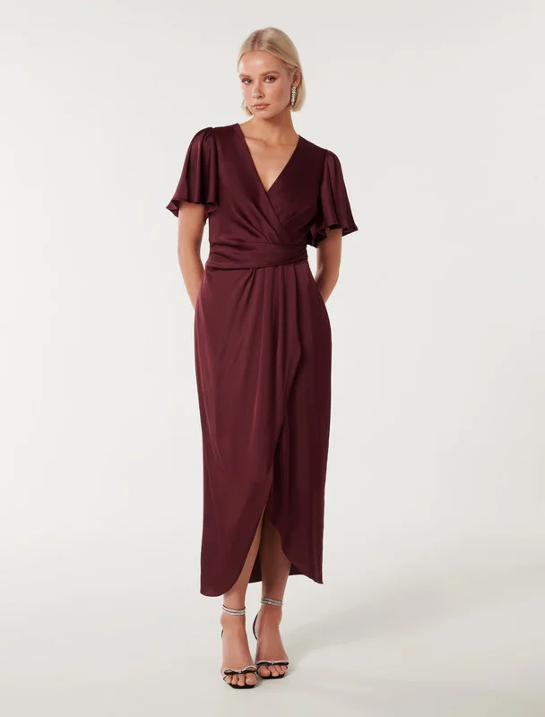 ESTELLE Solid Flutter Sleeves Midi Dress
